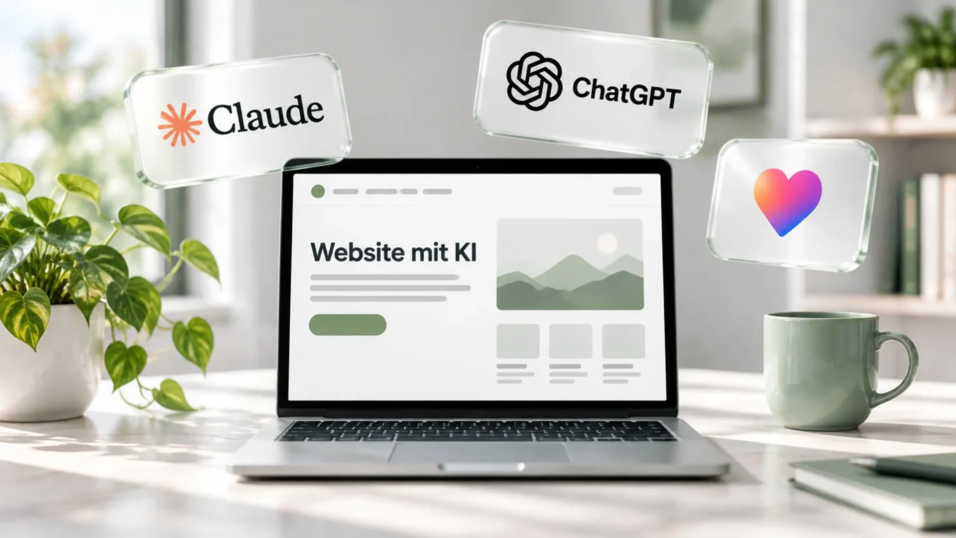 Laptop mit Website-Entwurf, darüber die Logos von Claude, ChatGPT und Lovable