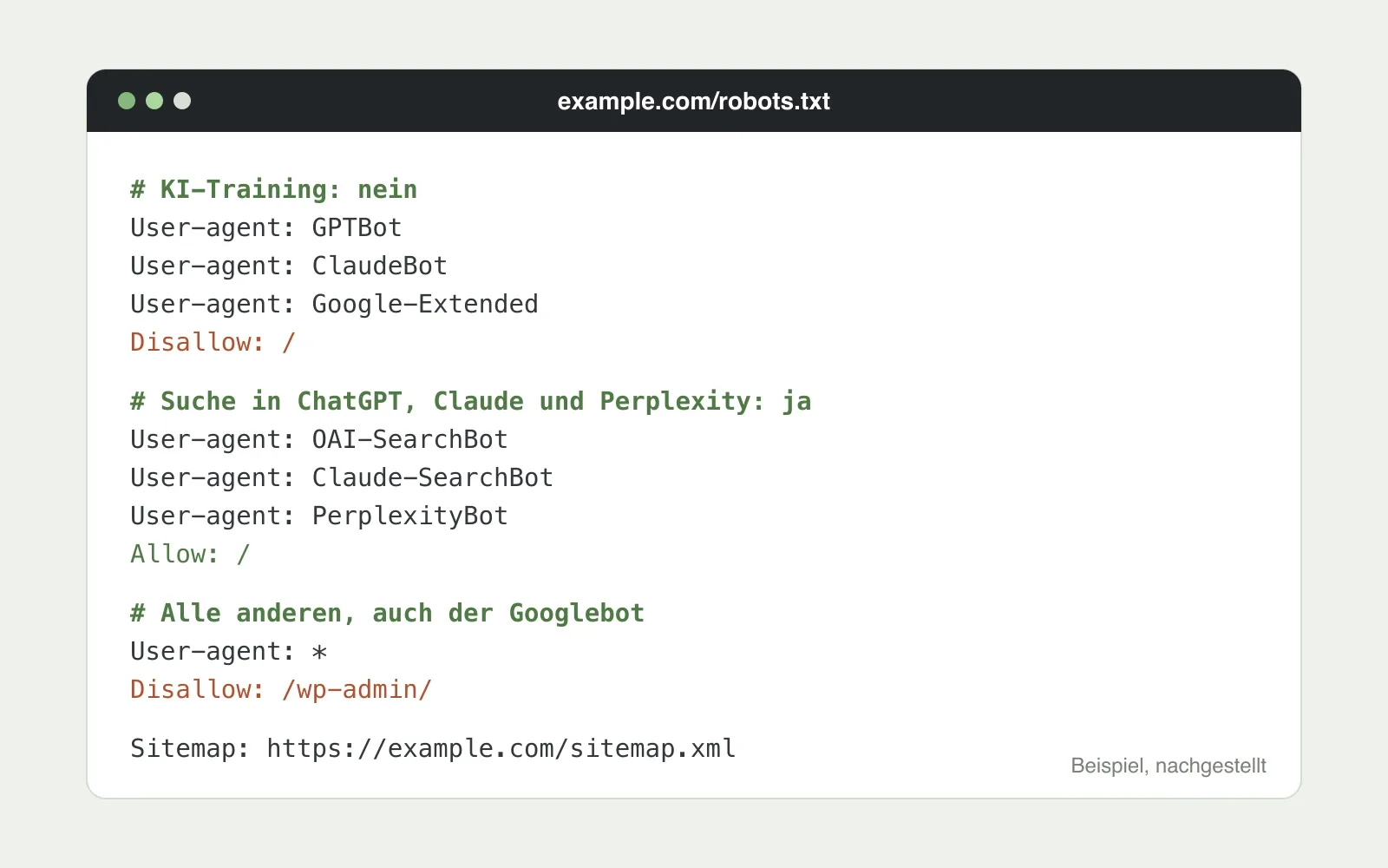 Beispiel einer robots.txt: GPTBot, ClaudeBot und Google-Extended gesperrt, OAI-SearchBot, Claude-SearchBot und PerplexityBot erlaubt, für alle anderen nur der Admin-Bereich gesperrt