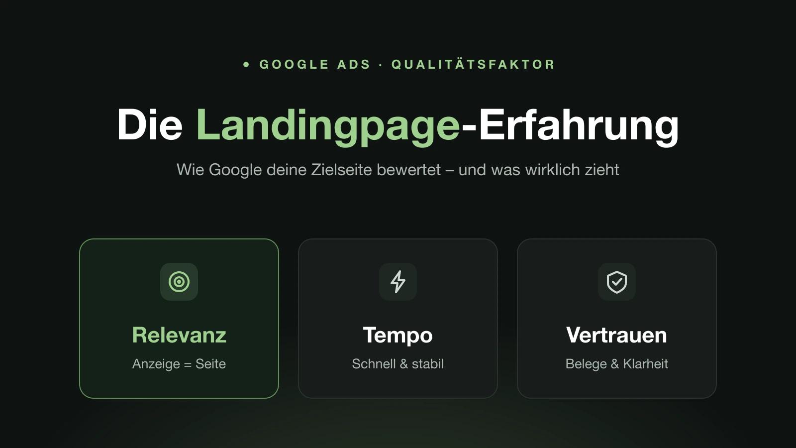 Grafik zur Nutzererfahrung mit der Landingpage bei Google Ads: Relevanz, Tempo und Vertrauen als drei Bausteine