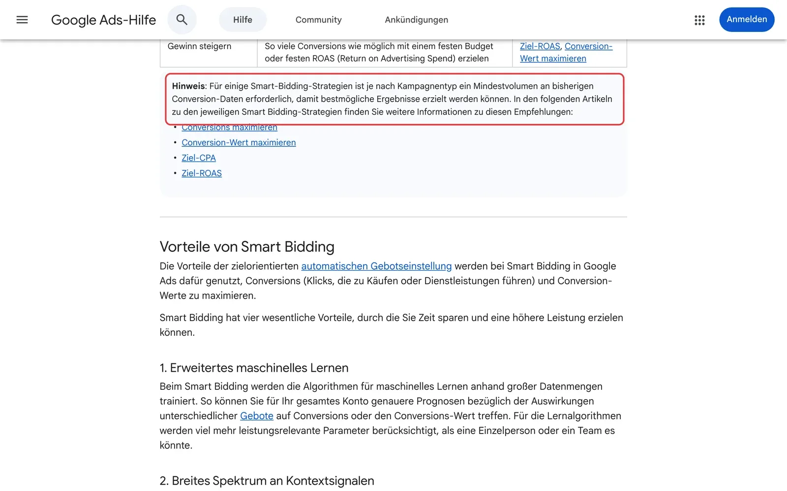 Google Ads-Hilfe zu Smart Bidding mit dem rot umrahmten Hinweis, dass für einige Strategien ein Mindestvolumen an Conversion-Daten nötig ist