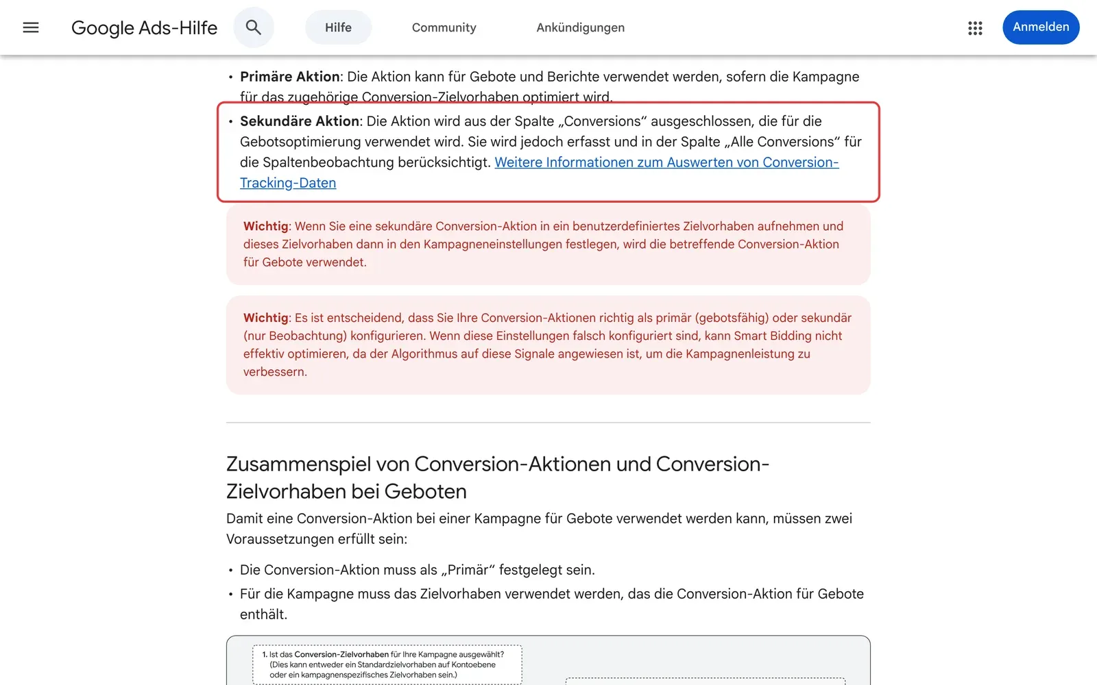 Google Ads-Hilfe zu Conversion-Zielvorhaben: die Erklärung, dass sekundäre Aktionen aus der Spalte Conversions für die Gebotsoptimierung ausgeschlossen werden, ist rot umrahmt