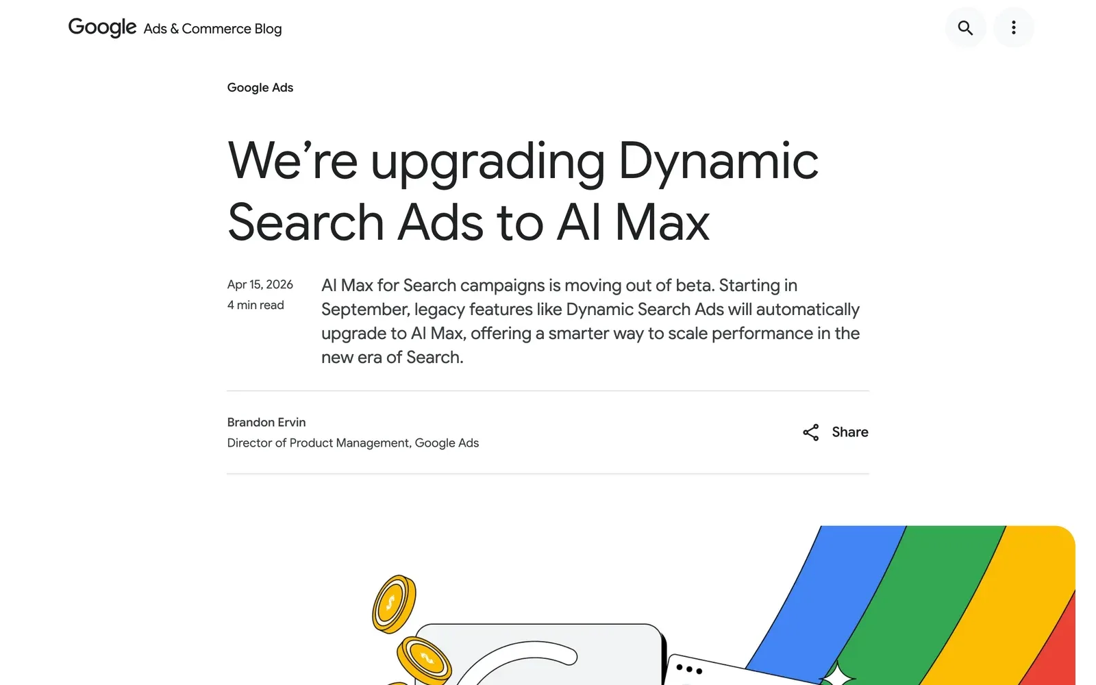 Google Ads & Commerce Blog: Ankündigung, dass Dynamic Search Ads auf AI Max umgestellt werden