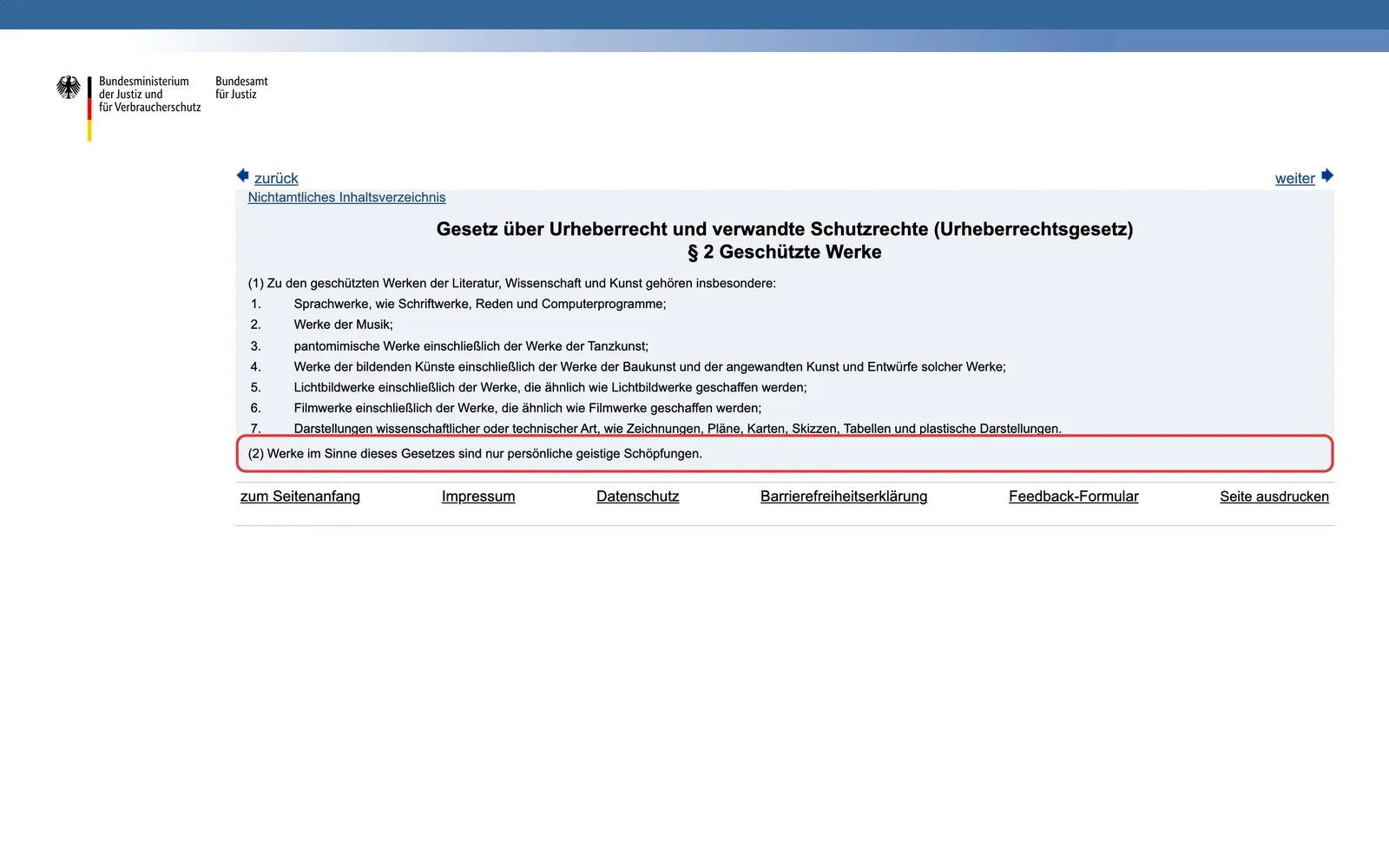 Paragraf 2 des Urheberrechtsgesetzes auf gesetze-im-internet.de, Absatz 2 zu persönlichen geistigen Schöpfungen ist rot umrahmt