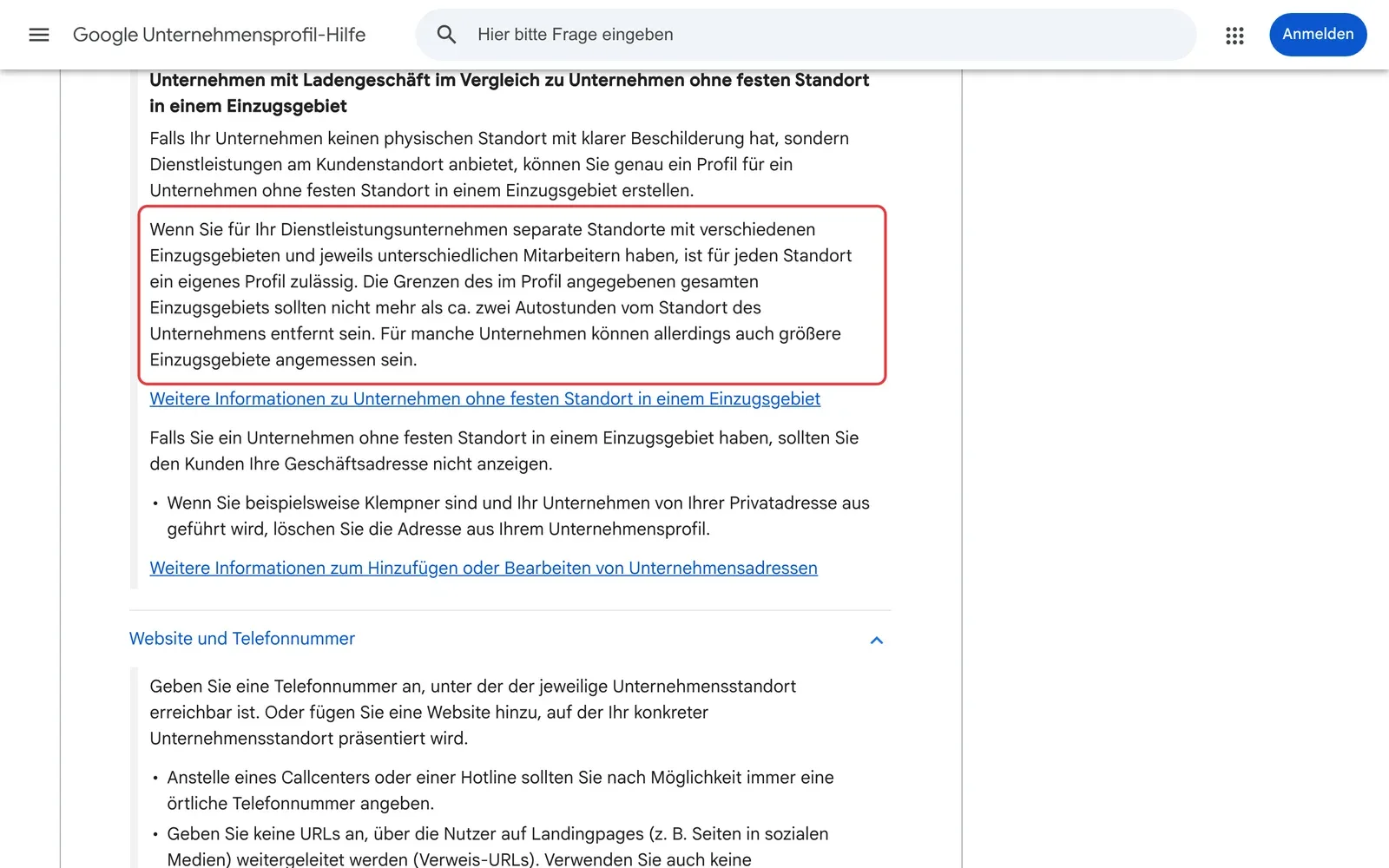 Google-Richtlinien: der Absatz, dass das Einzugsgebiet nicht mehr als etwa zwei Autostunden vom Standort entfernt sein sollte, ist rot umrahmt