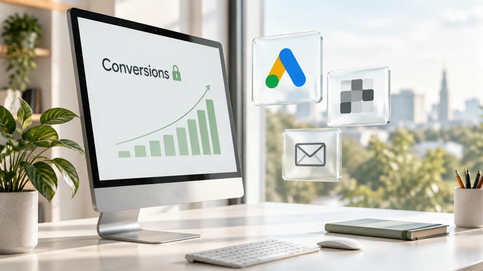 Monitor auf einem hellen Schreibtisch mit einer steigenden Kurve, dem Wort Conversions und einem Schloss, daneben Glaskarten mit Google-Ads-Logo und Briefumschlag