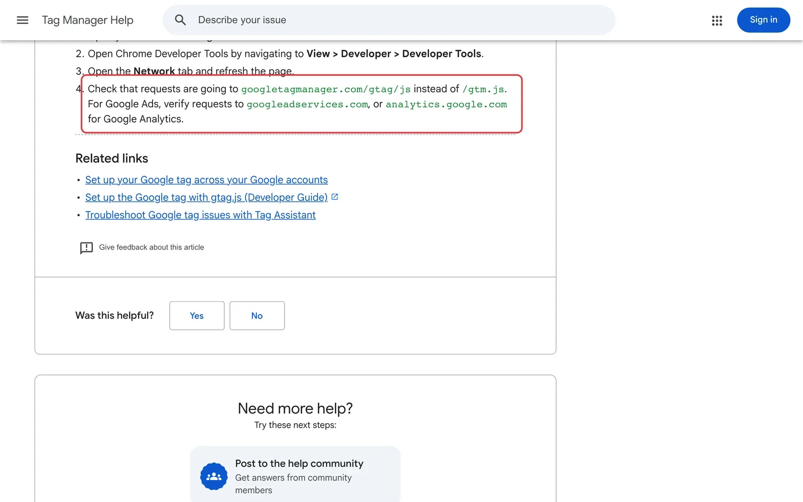 Google-Hilfe zur Prüfung im Netzwerk-Tab: Anfragen sollen an googletagmanager.com/gtag/js gehen