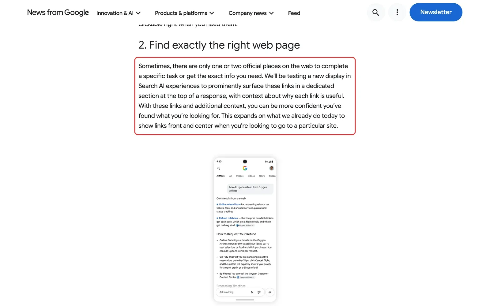 Google-Blog mit dem rot umrahmten Absatz zum Test eines eigenen Bereichs für offizielle Seiten, darunter eine Beispielansicht im Smartphone