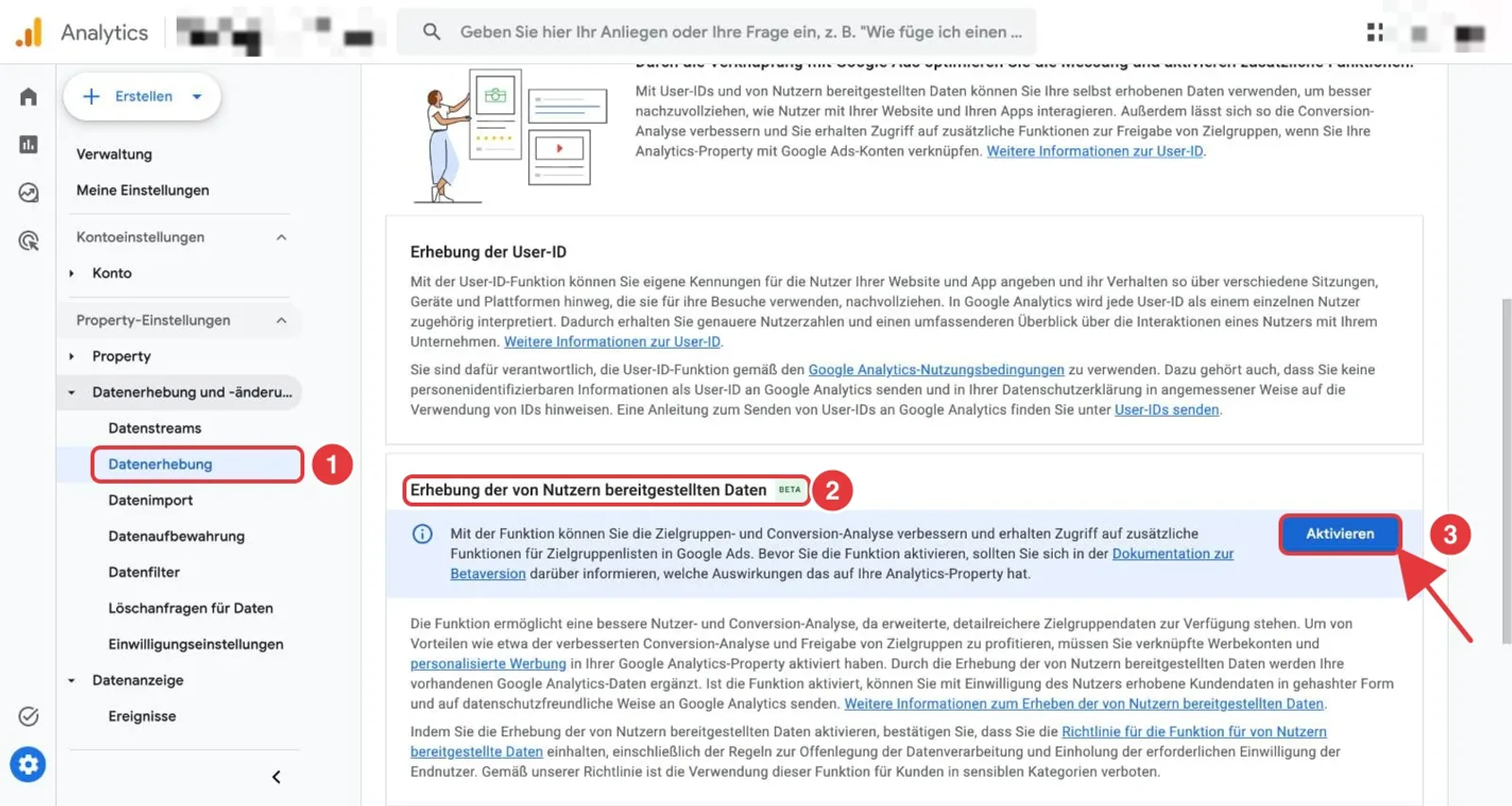 Google Analytics 4 Verwaltung, Seite Datenerhebung: Menüpunkt Datenerhebung, Abschnitt Erhebung der von Nutzern bereitgestellten Daten und die Schaltfläche Aktivieren sind rot markiert