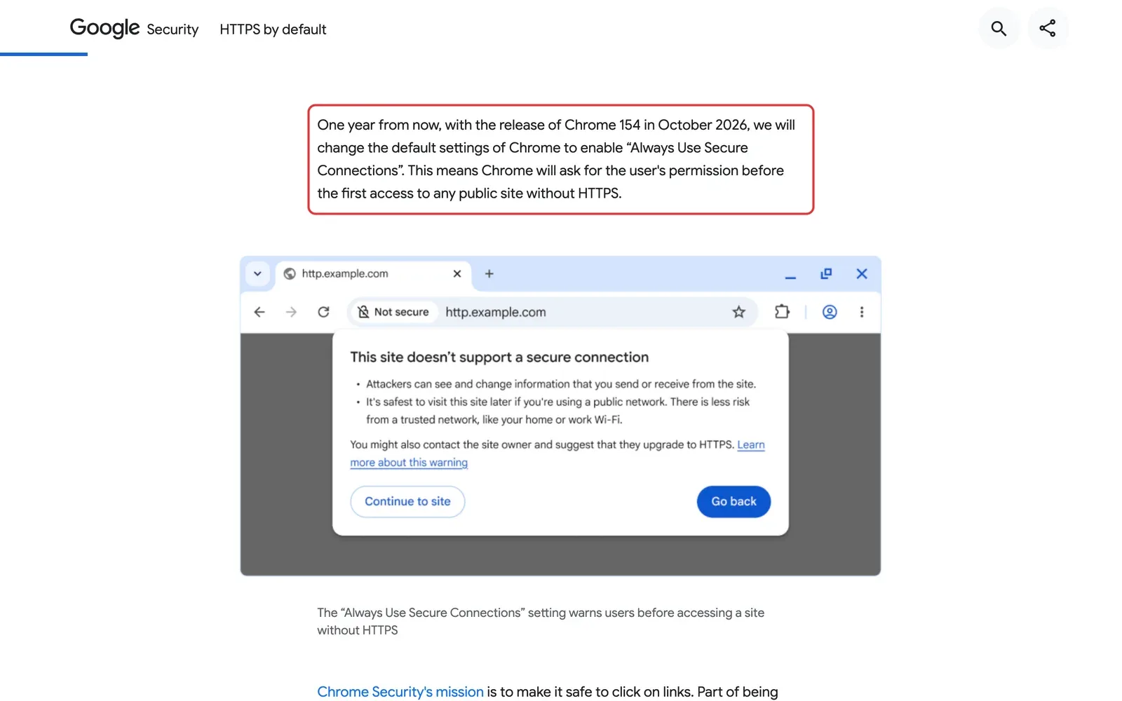 Google-Ankündigung „HTTPS by default“ vom Oktober 2025: Der Satz, dass Chrome 154 im Oktober 2026 „Always Use Secure Connections“ standardmäßig einschaltet, ist rot umrahmt, darunter ein Beispiel der Warnung im Browser