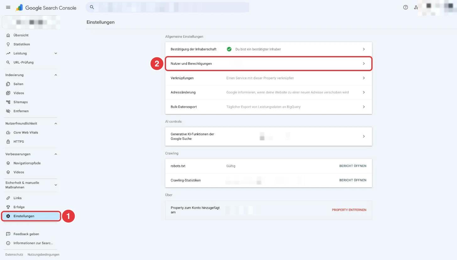 Einstellungen der Google Search Console mit markiertem Menüpunkt Einstellungen und der Zeile Nutzer und Berechtigungen
