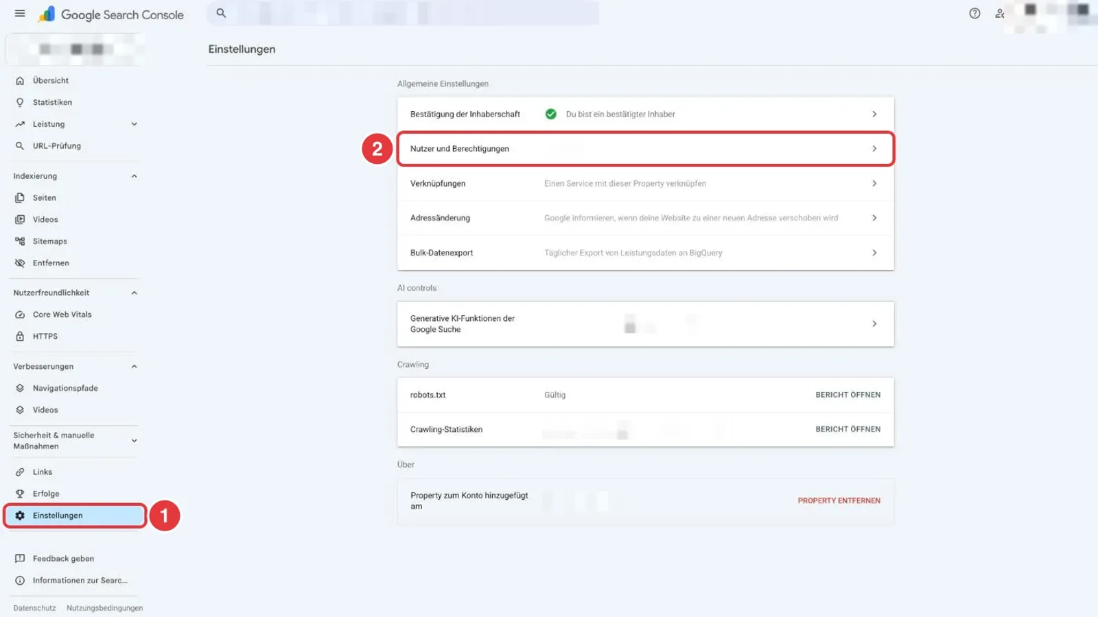 Einstellungen der Google Search Console mit markiertem Menüpunkt Einstellungen und der Zeile Nutzer und Berechtigungen