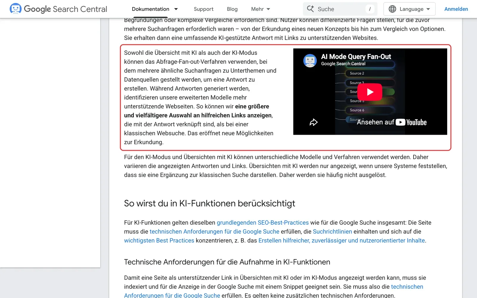 Google-Dokumentation zu KI-Funktionen mit der Beschreibung des Abfrage-Fan-out-Verfahrens