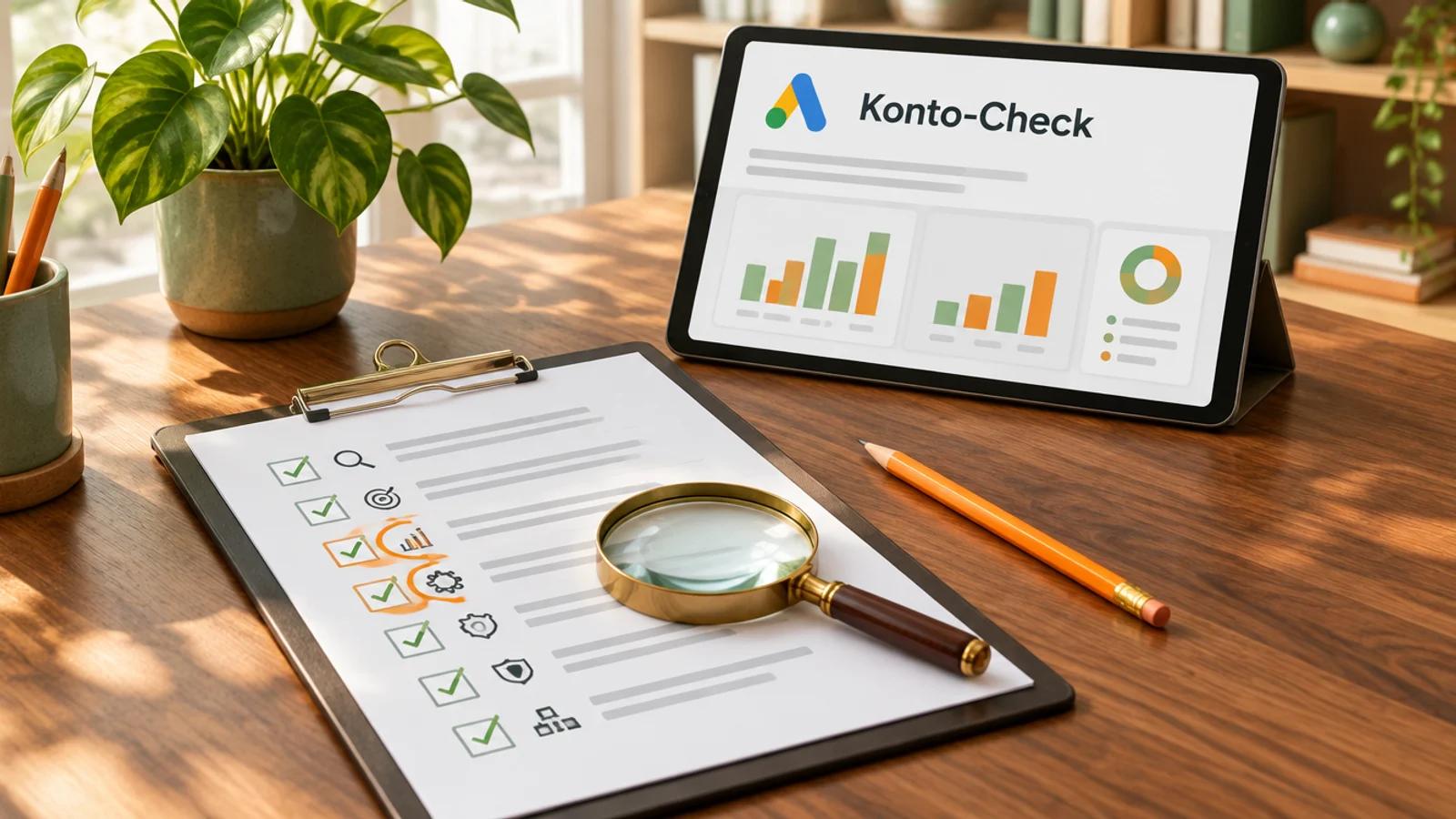 Klemmbrett mit abgehakter Checkliste und Lupe, dahinter ein Tablet mit Google-Ads-Dashboard