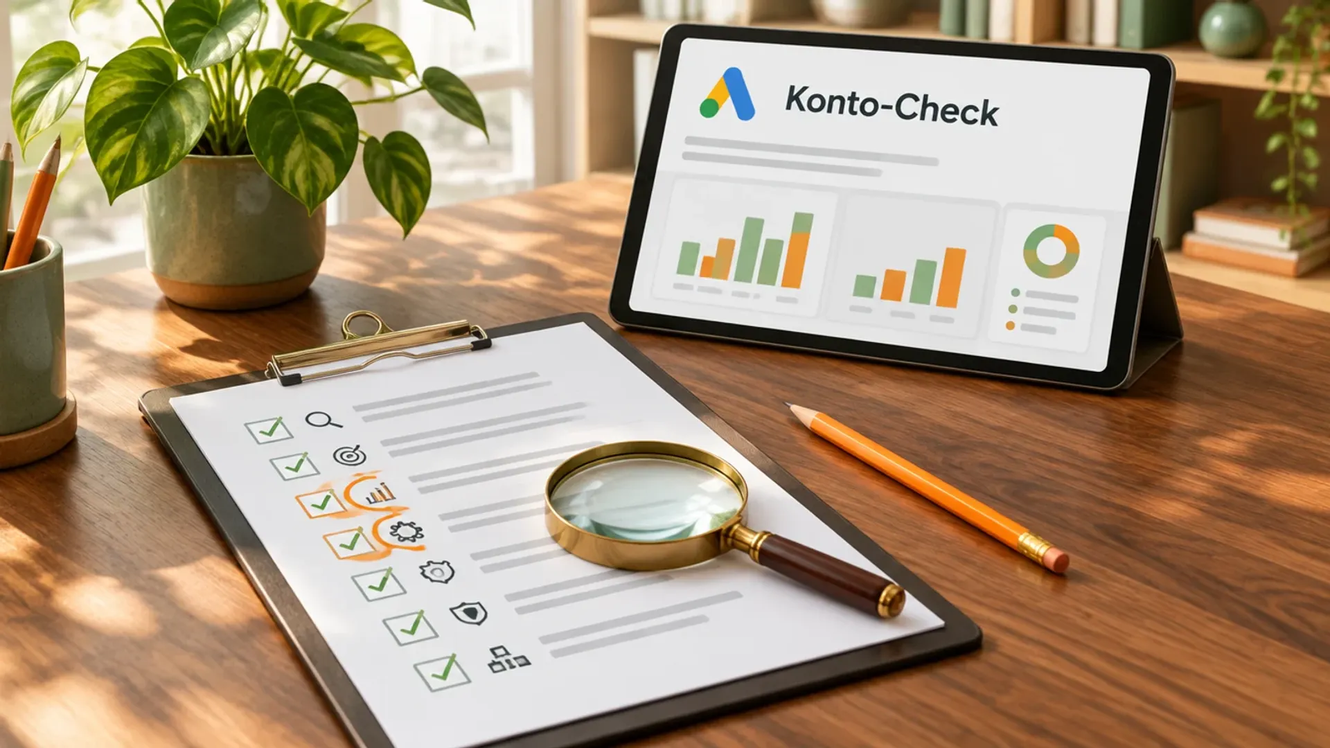 Klemmbrett mit abgehakter Checkliste und Lupe, dahinter ein Tablet mit Google-Ads-Dashboard