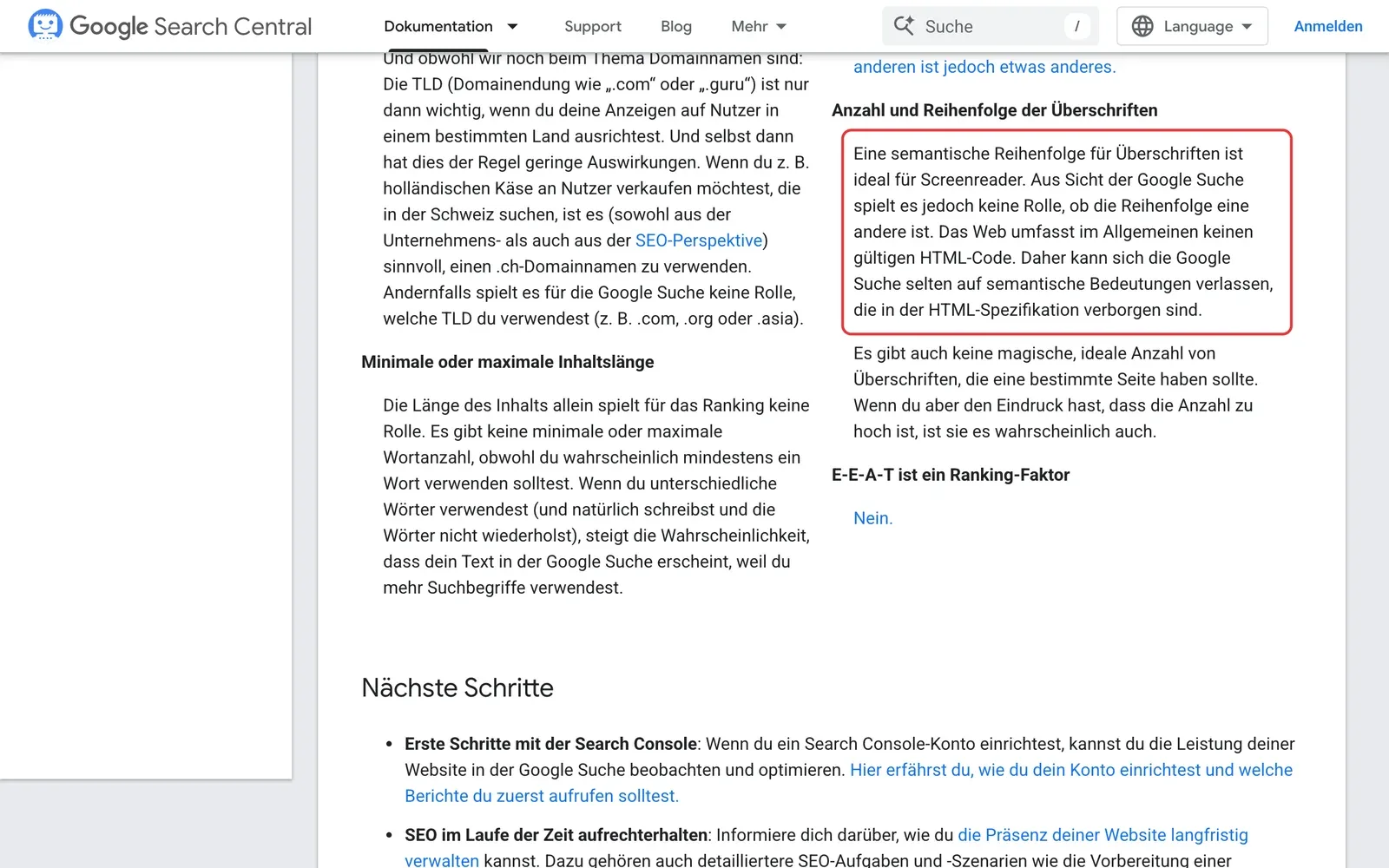 Google SEO-Leitfaden, Abschnitt Anzahl und Reihenfolge der Überschriften: der Absatz, dass eine semantische Reihenfolge ideal für Screenreader ist, für die Google-Suche aber keine Rolle spielt, ist rot umrahmt