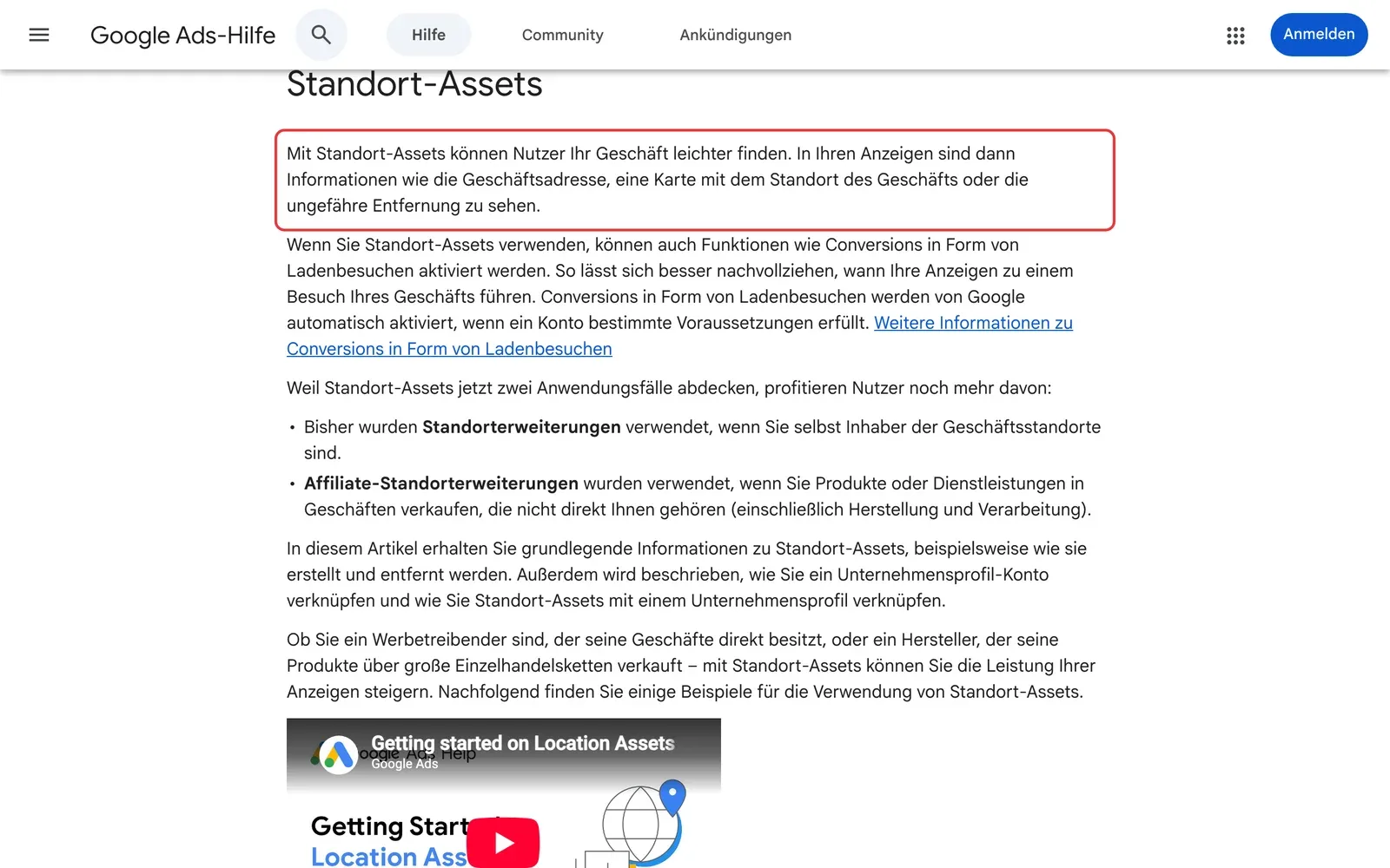 Google Ads-Hilfe Standort-Assets: der Absatz, dass Standort-Assets Adresse, Karte und ungefähre Entfernung zum Geschäft in der Anzeige zeigen, ist rot umrahmt