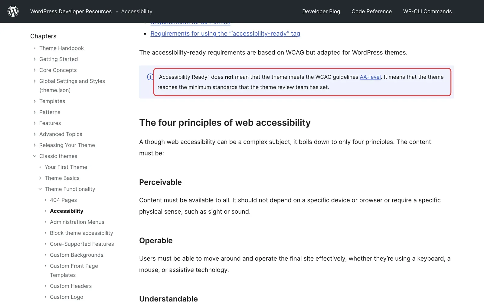 WordPress-Theme-Handbuch mit markiertem Hinweis, dass Accessibility Ready nicht WCAG-Stufe AA bedeutet