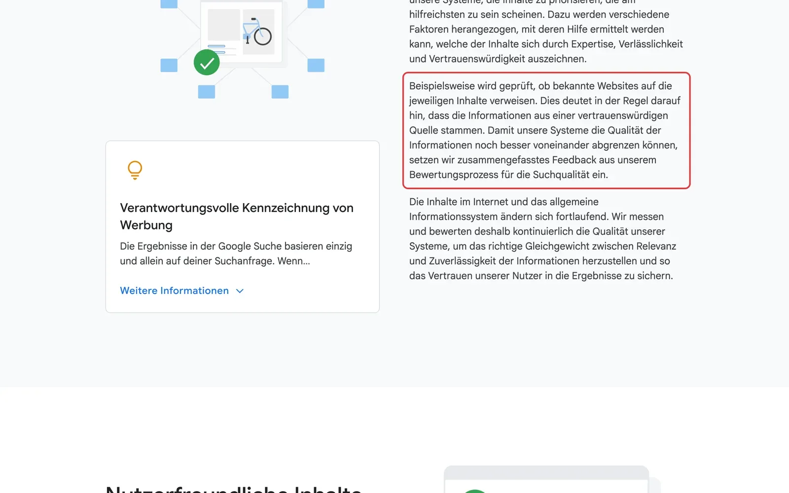 Google-Erklärseite So funktioniert die Google Suche: der Absatz über Verweise bekannter Websites ist rot umrahmt