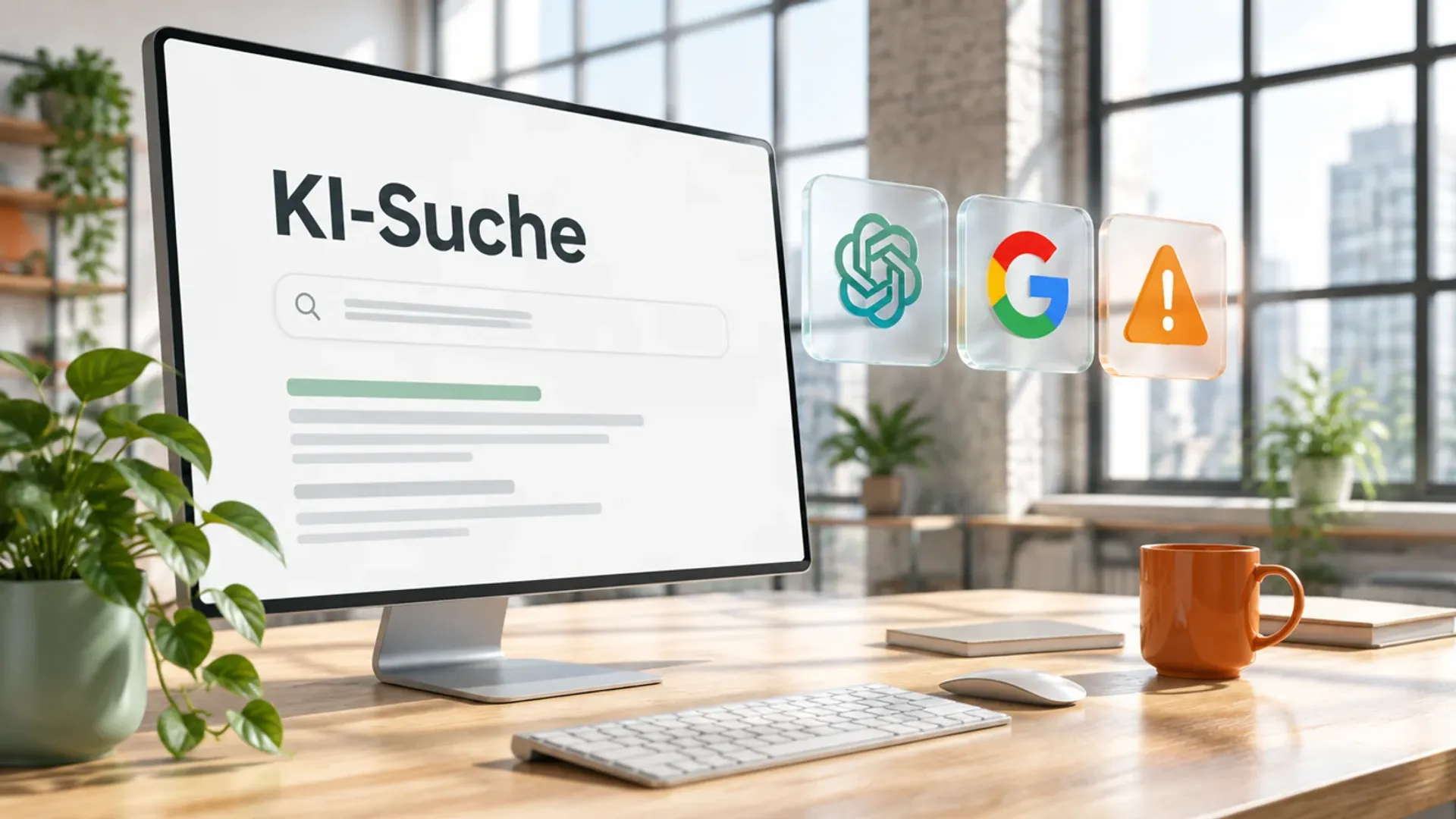 Großer Monitor in einem hellen Loft mit dem Wort KI-Suche, daneben Glaskacheln mit ChatGPT-Logo, Google-Logo und einem Warnsymbol