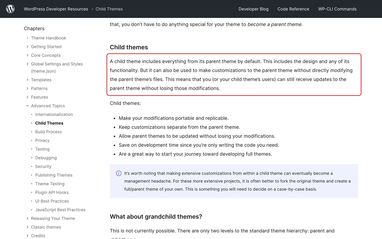 WordPress-Theme-Handbuch mit markierter Erklärung, dass Child Themes Updates des Eltern-Themes ohne Verlust der Anpassungen erlauben