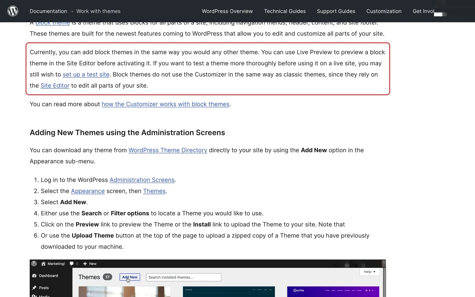 WordPress-Dokumentation mit markiertem Hinweis zur Live-Vorschau und zu einer Testseite vor dem Theme-Wechsel