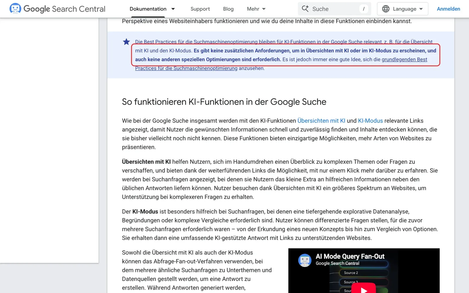 Google Search Central, KI-Funktionen und deine Website: der Satz, dass es keine zusätzlichen Anforderungen gibt, um in Übersichten mit KI oder im KI-Modus zu erscheinen, ist rot umrahmt