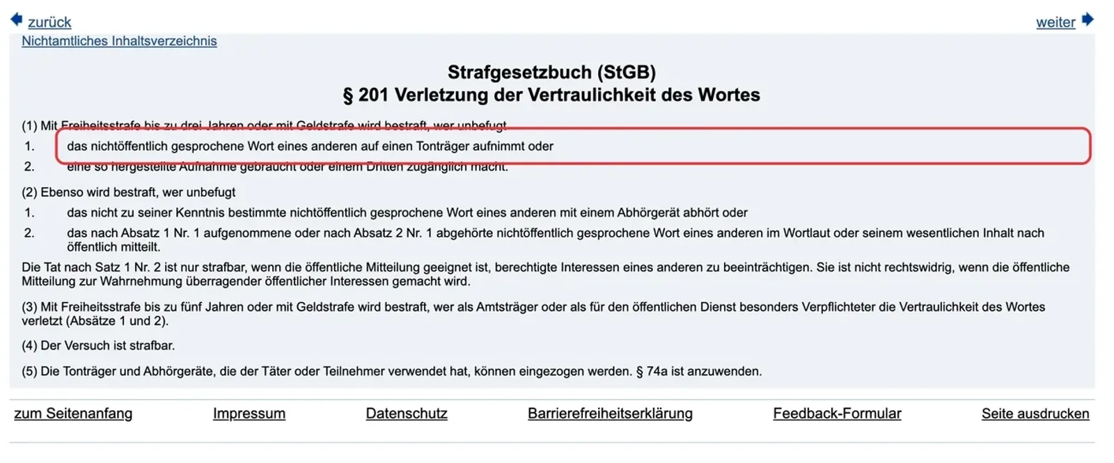 Paragraf 201 Strafgesetzbuch zur Verletzung der Vertraulichkeit des Wortes mit markierter Stelle zur Aufnahme auf einen Tonträger