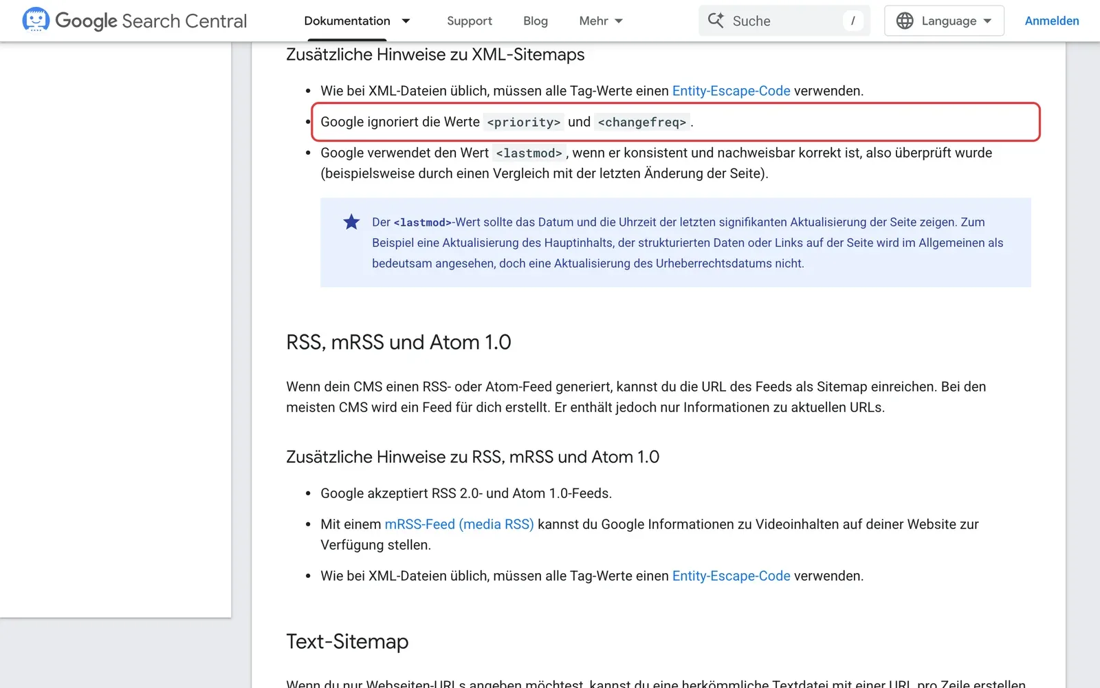 Google-Dokumentation mit dem rot markierten Satz, dass Google die Werte priority und changefreq ignoriert