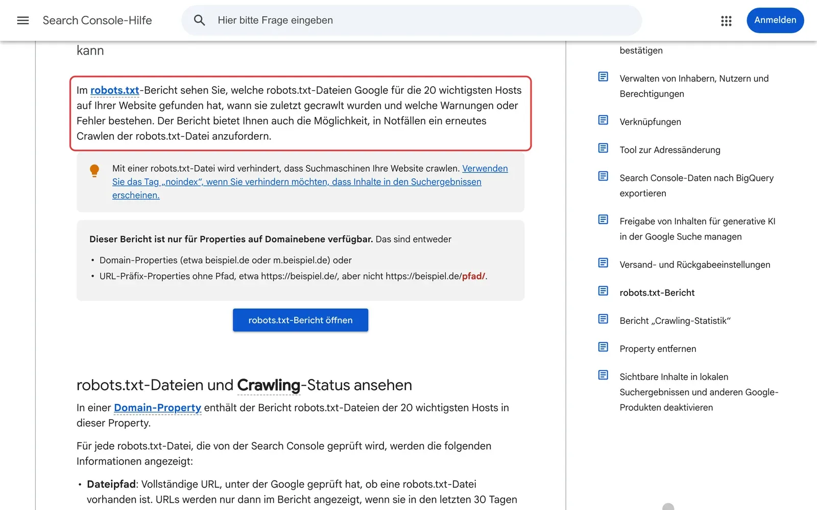 Search Console-Hilfe zum robots.txt-Bericht: Der Absatz, was der Bericht zeigt, ist rot umrahmt