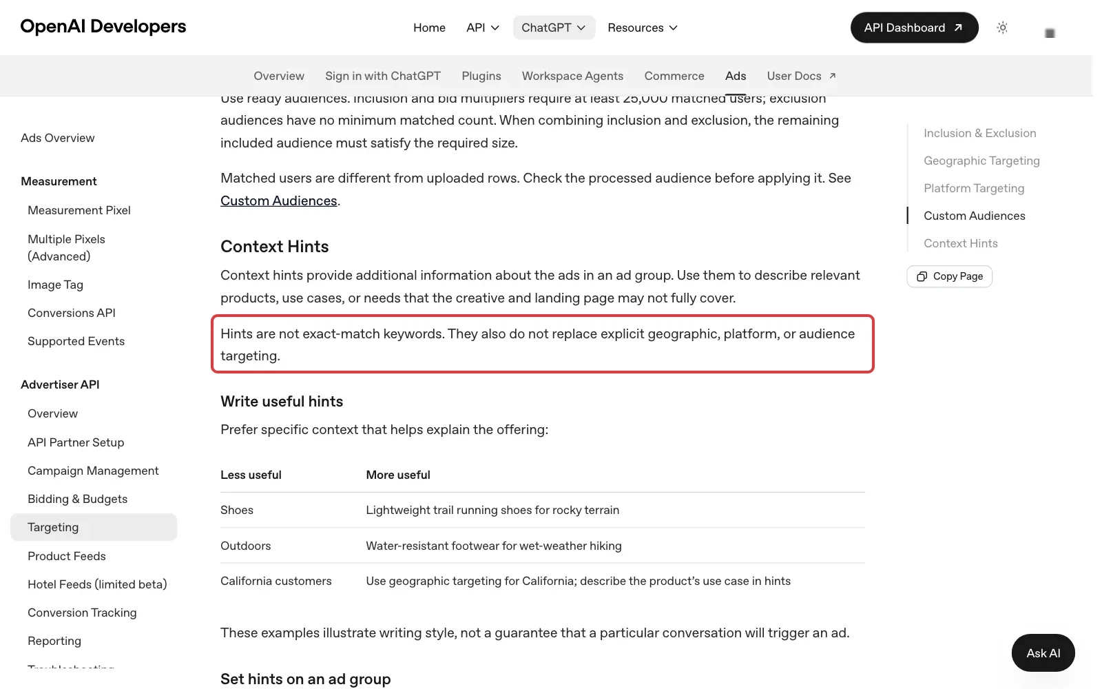 OpenAI-Entwicklerdokumentation zu Context Hints mit markiertem Satz: Hinweise sind keine exakt passenden Keywords