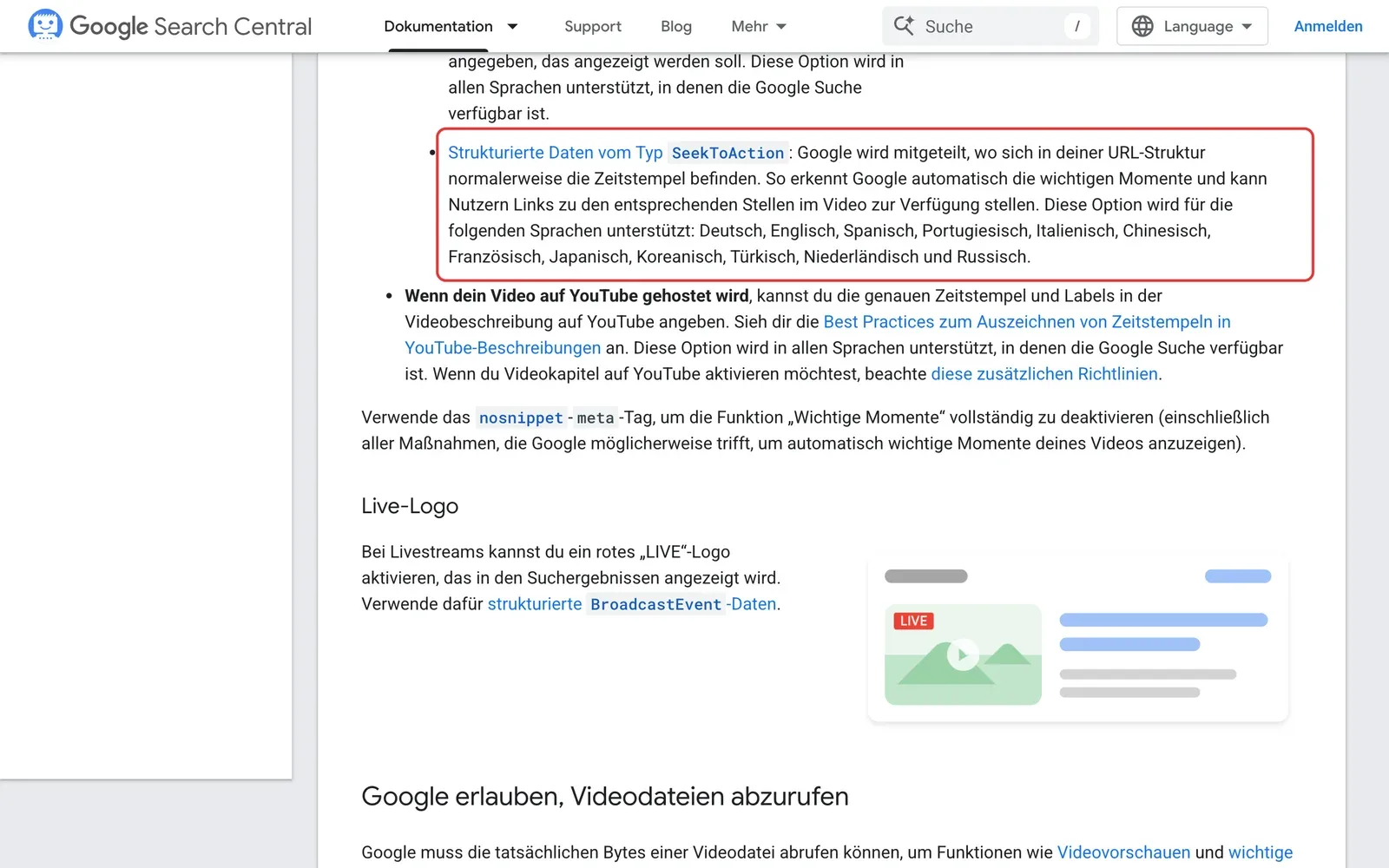 Google Search Central zu wichtigen Momenten, der Absatz zu strukturierten Daten vom Typ SeekToAction mit der Liste der unterstützten Sprachen inklusive Deutsch ist rot umrahmt