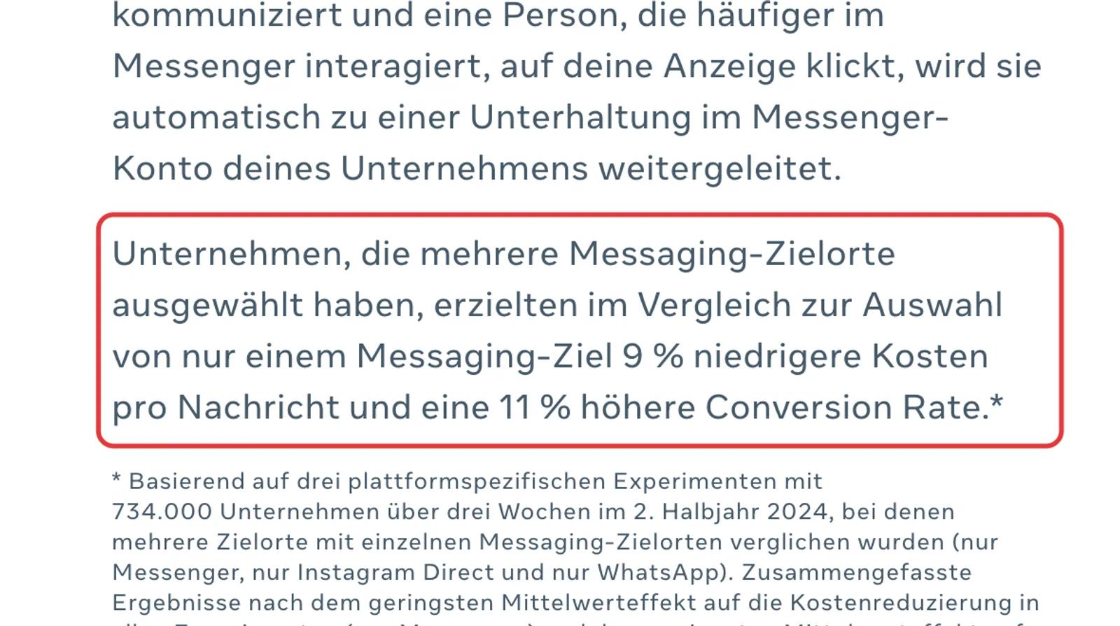 Meta-Seite zu Click-to-Message Ads mit dem Ergebnis für mehrere Messaging-Zielorte und der Fußnote zur Methode