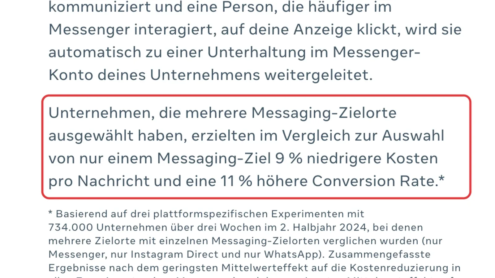 Meta-Seite zu Click-to-Message Ads mit dem Ergebnis für mehrere Messaging-Zielorte und der Fußnote zur Methode