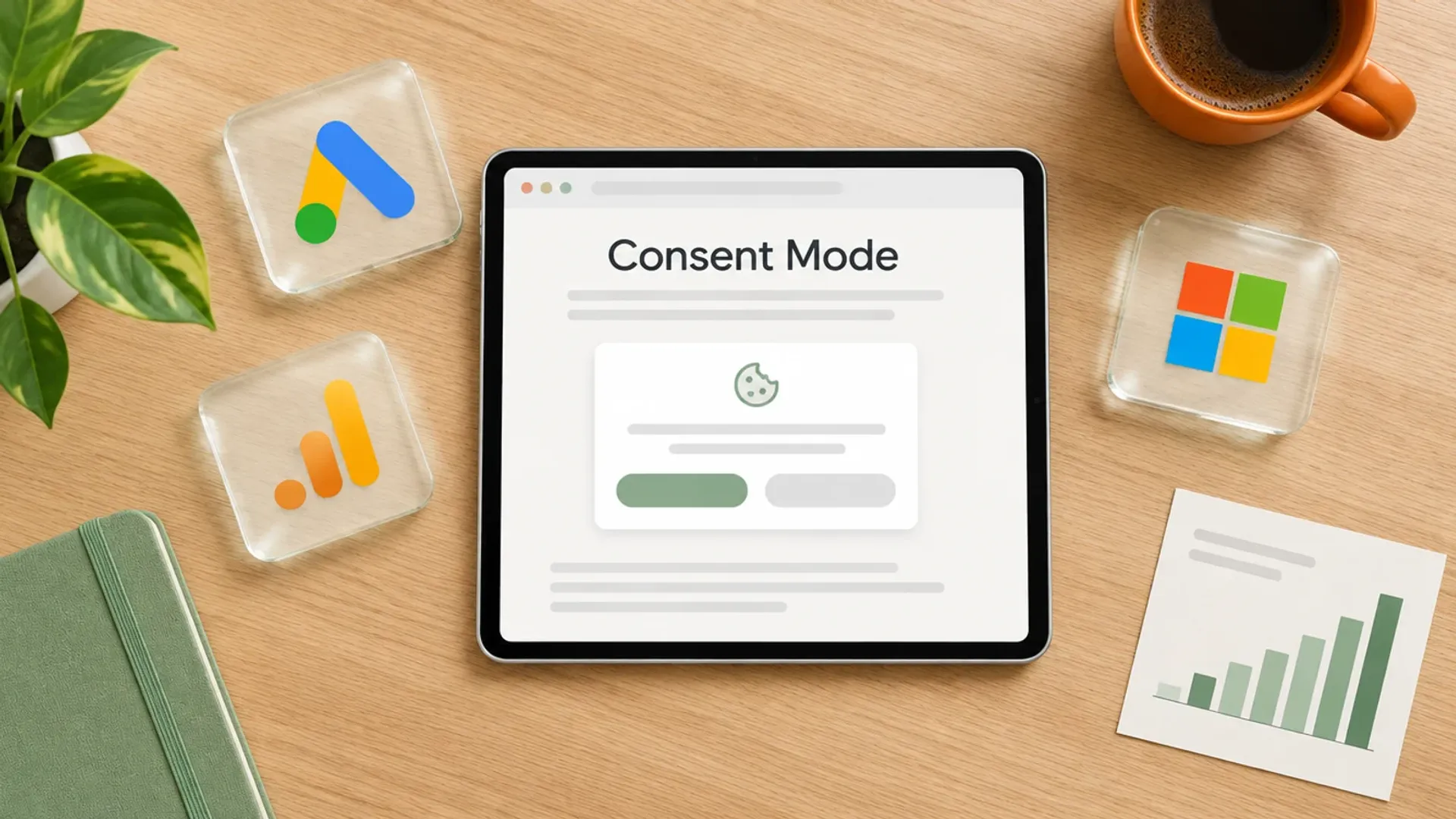 Tablet von oben auf einem Holztisch mit einem Cookie-Hinweis und dem Wort Consent Mode, daneben Glaskarten mit Google-Ads-, Google-Analytics- und Microsoft-Logo