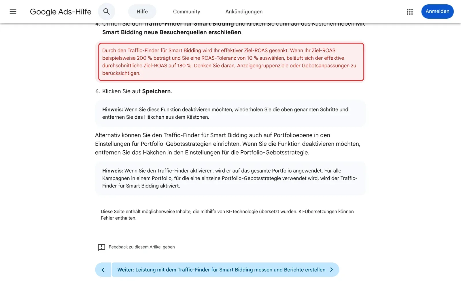 Google Ads-Hilfe zum Traffic-Finder für Smart Bidding mit markiertem Rechenbeispiel zur ROAS-Toleranz