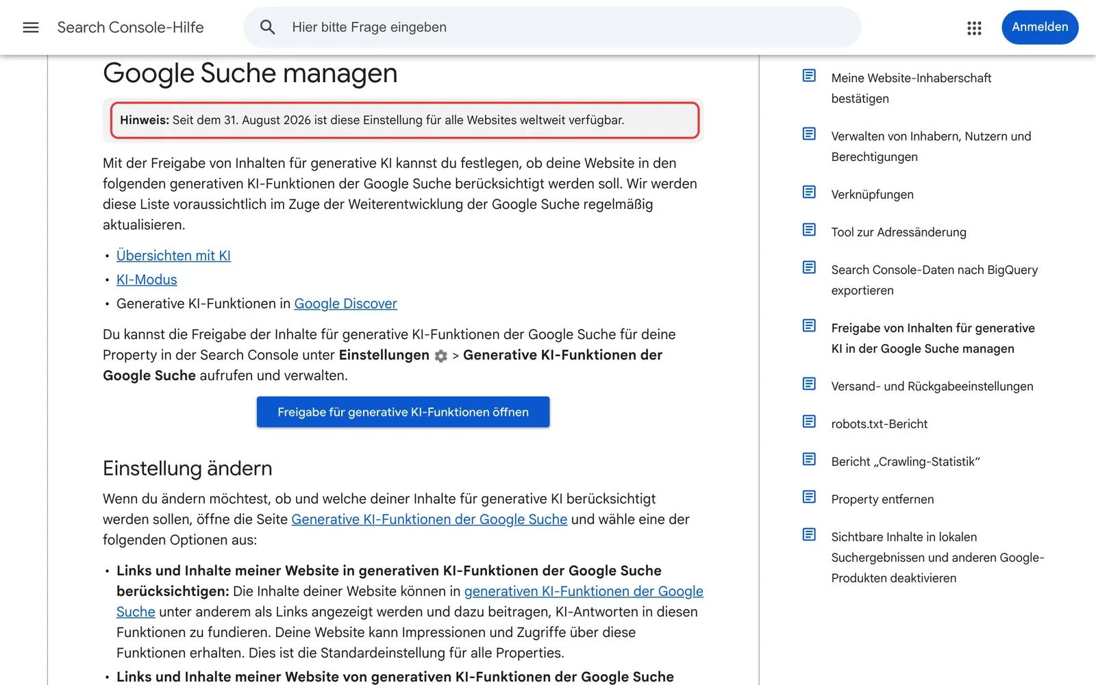 Search Console-Hilfe zur Freigabe von Inhalten für generative KI: Der Hinweis, dass die Einstellung seit dem 31. August 2026 für alle Websites weltweit verfügbar ist, ist rot umrahmt