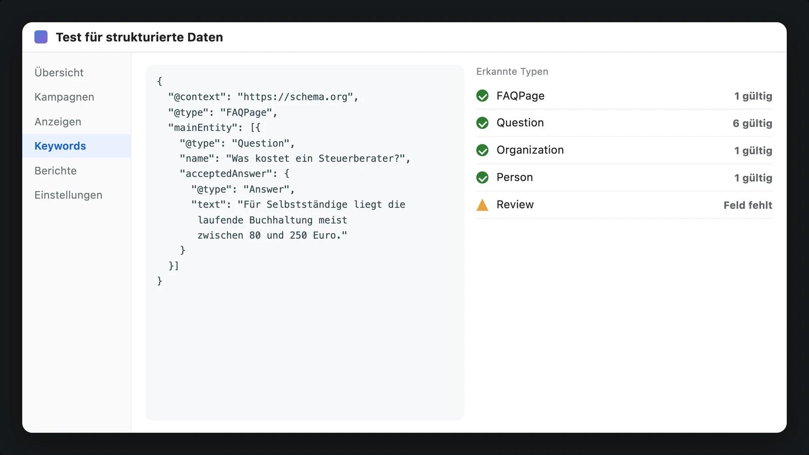 Bildschirm mit einem Prüfwerkzeug für strukturierte Daten, links der Code, rechts die erkannten Felder