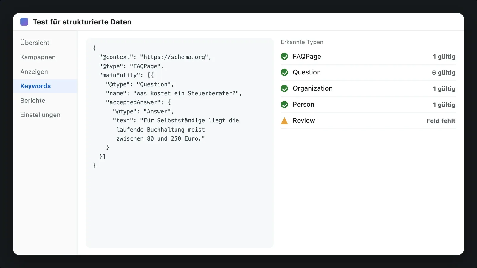 Bildschirm mit einem Prüfwerkzeug für strukturierte Daten, links der Code, rechts die erkannten Felder