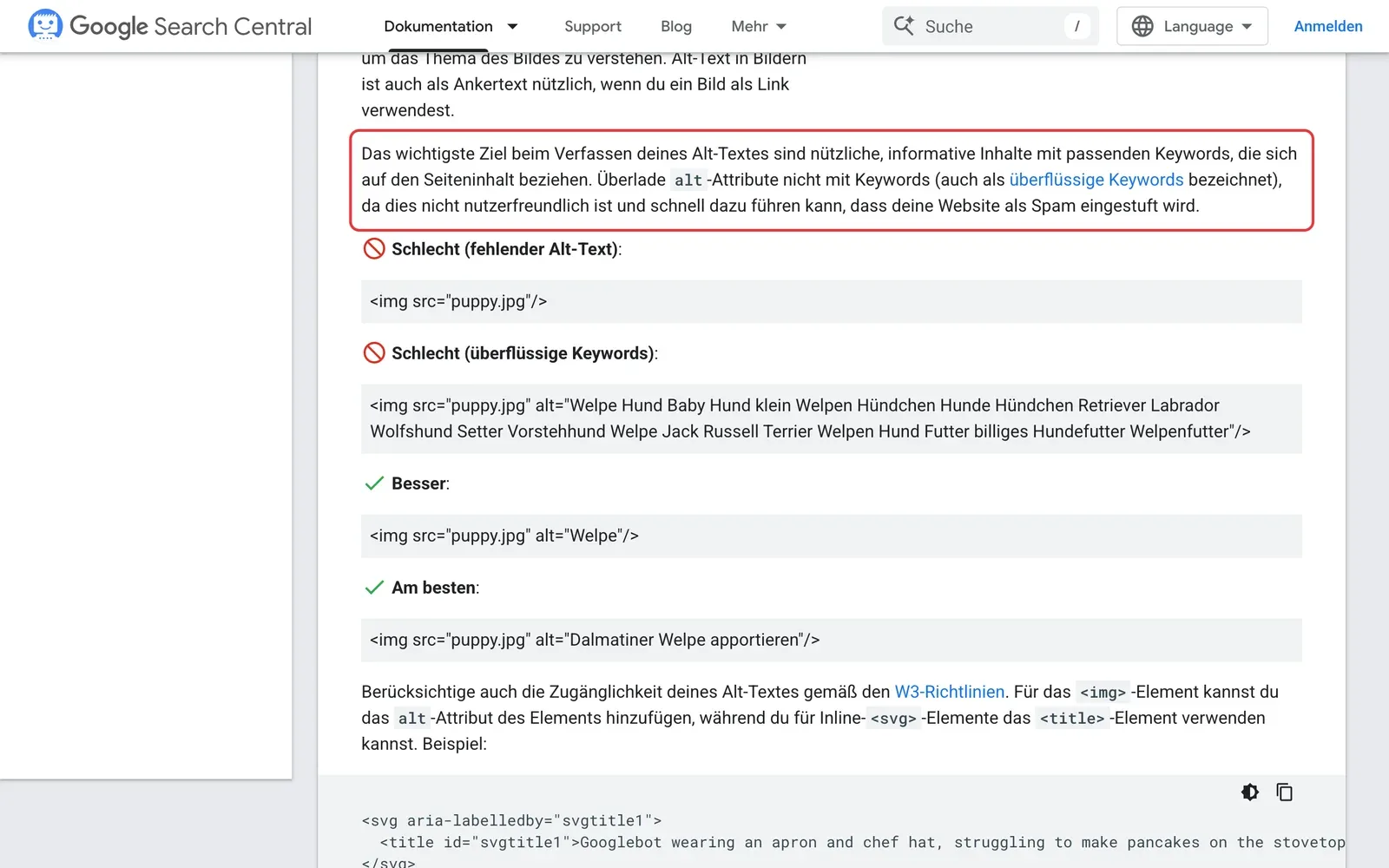 Googles Best Practices für Google Bilder, der Absatz zum Ziel eines Alt-Textes ist rot umrahmt, darunter schlechte und gute Beispiele