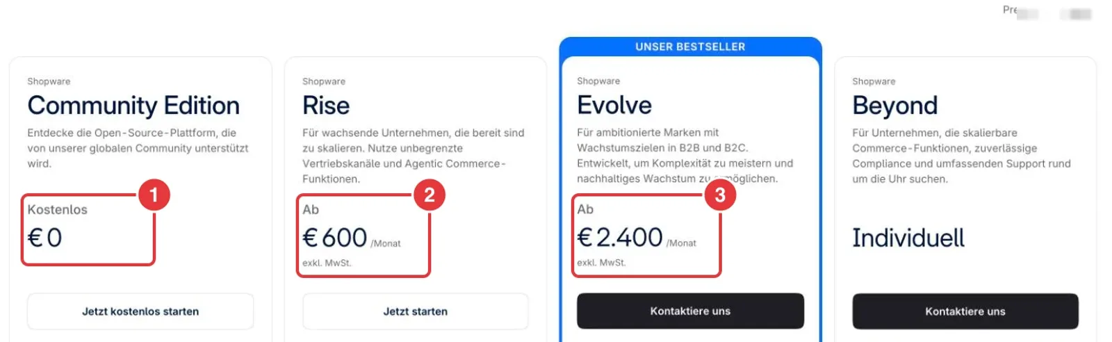 Preisseite von Shopware mit markierten Plänen Community Edition, Rise und Evolve