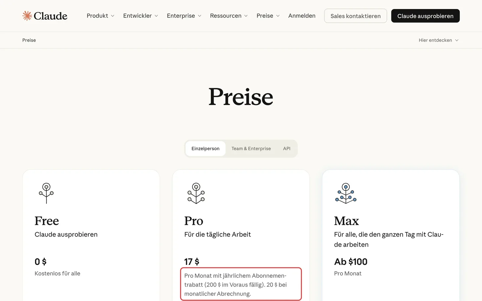 Preisseite von Claude mit den Tarifen Free, Pro und Max, der Preis des Pro-Tarifs ist rot markiert