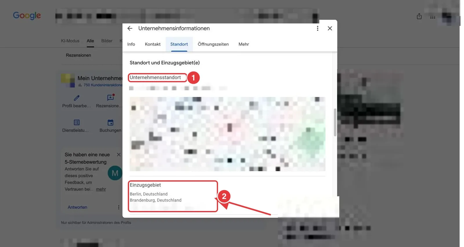 Google Unternehmensprofil, Reiter Standort: die Bereiche Unternehmensstandort und Einzugsgebiet sind rot markiert