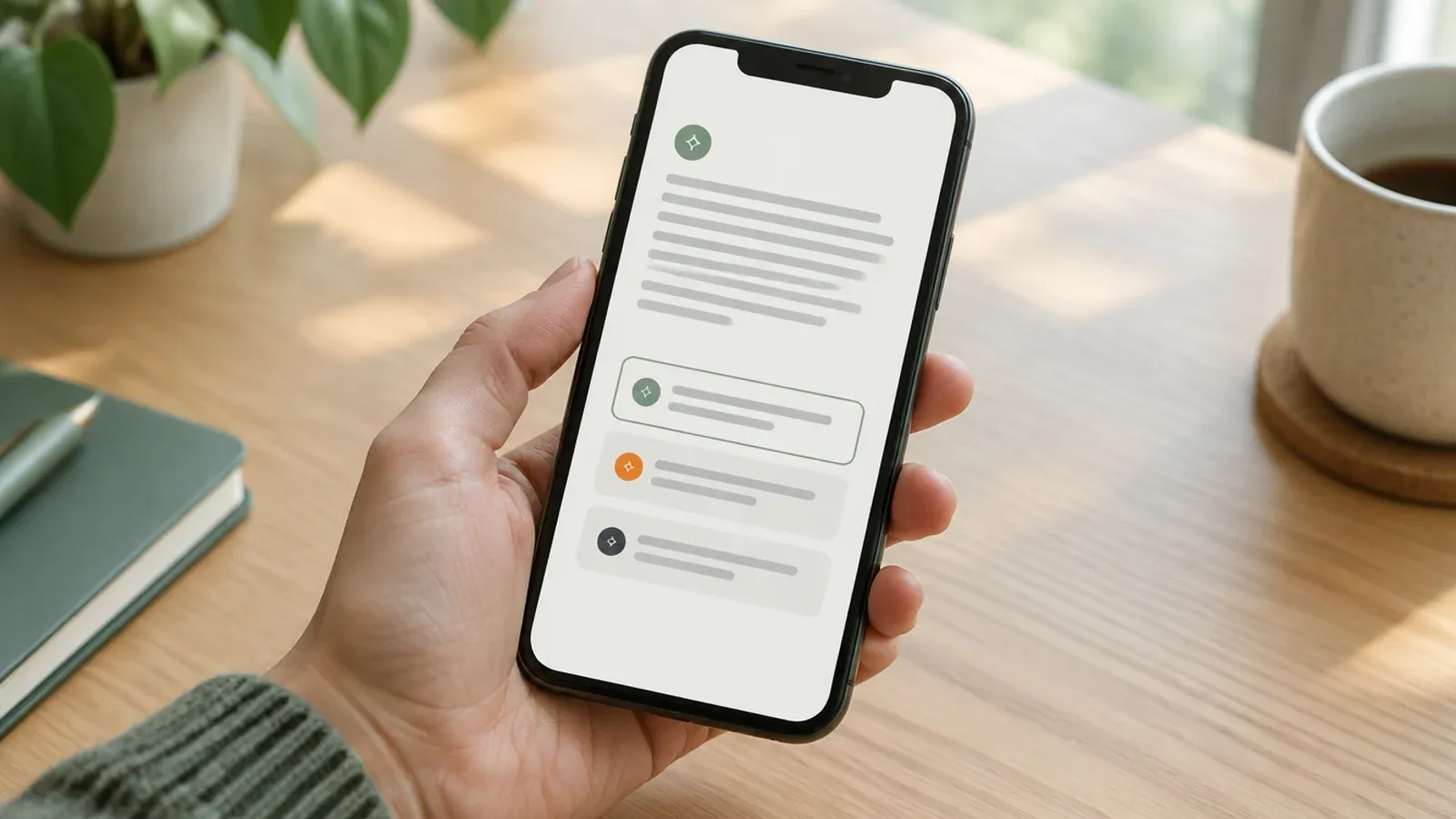 Hand hält ein Smartphone mit einer KI-Antwort, darunter drei Quellen-Karten, eine davon grün umrandet