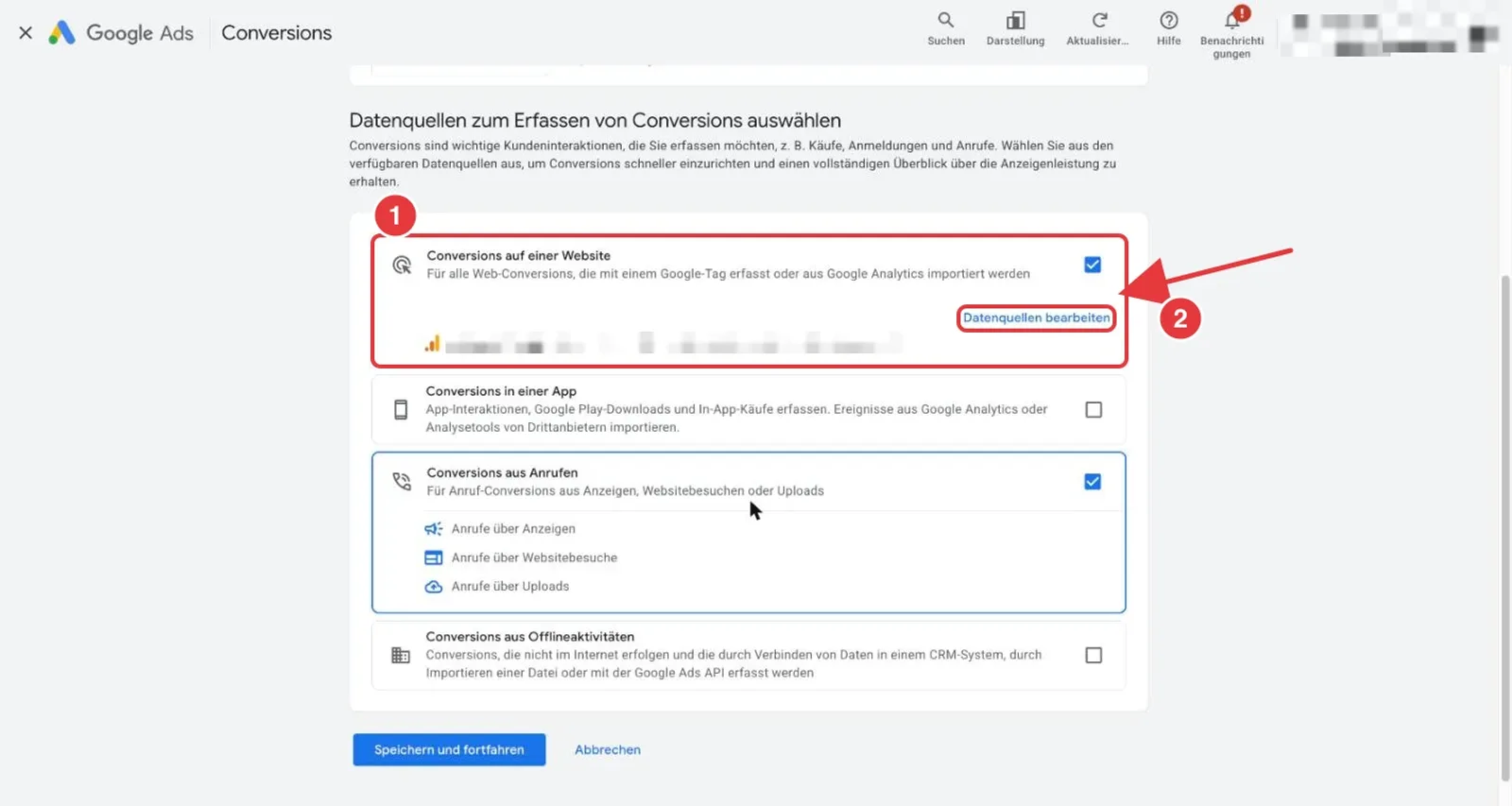 Google Ads neue Conversion-Aktion, Schritt Datenquellen: das Feld Conversions auf einer Website mit verknüpfter Google-Analytics-Property und der Link Datenquellen bearbeiten sind rot markiert