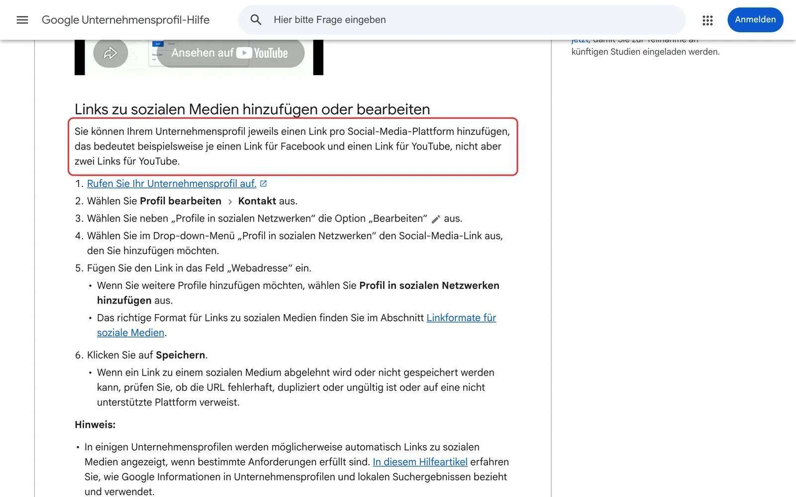 Google-Unternehmensprofil-Hilfe zu Social-Media-Links: der Absatz, dass pro Plattform ein Link hinzugefügt werden kann, ist rot umrahmt, darunter die Schritte