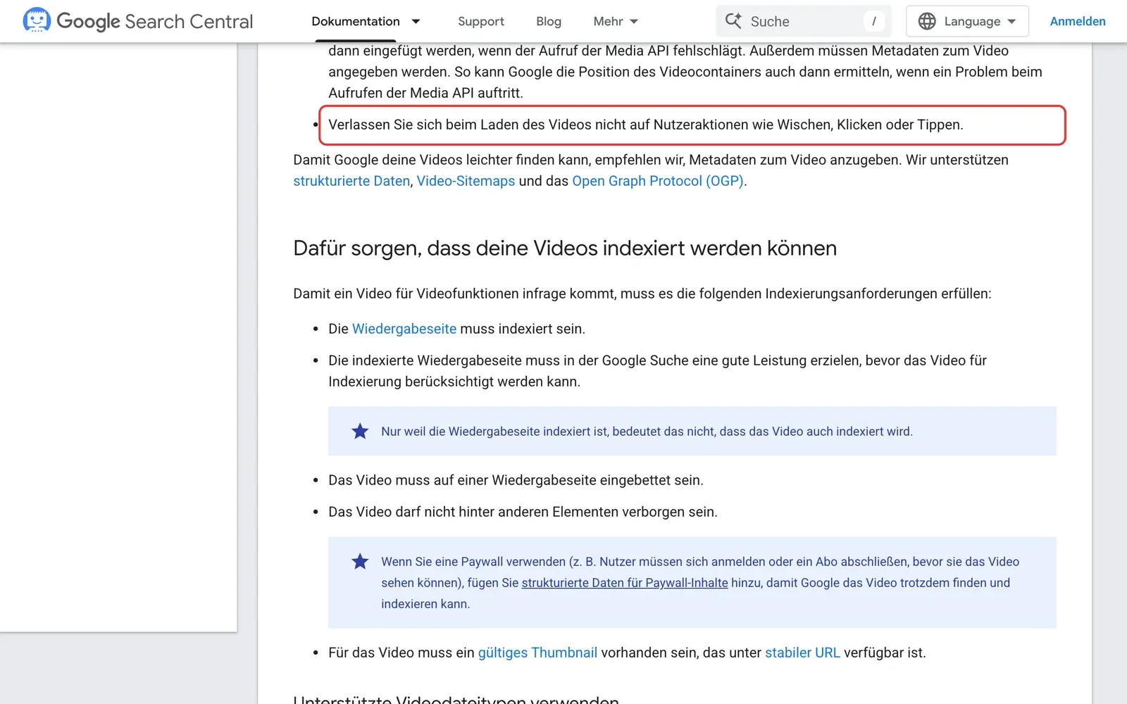 Google Search Central zu Best Practices für Videos, der Hinweis, das Laden des Videos nicht von Wischen, Klicken oder Tippen abhängig zu machen, ist rot umrahmt