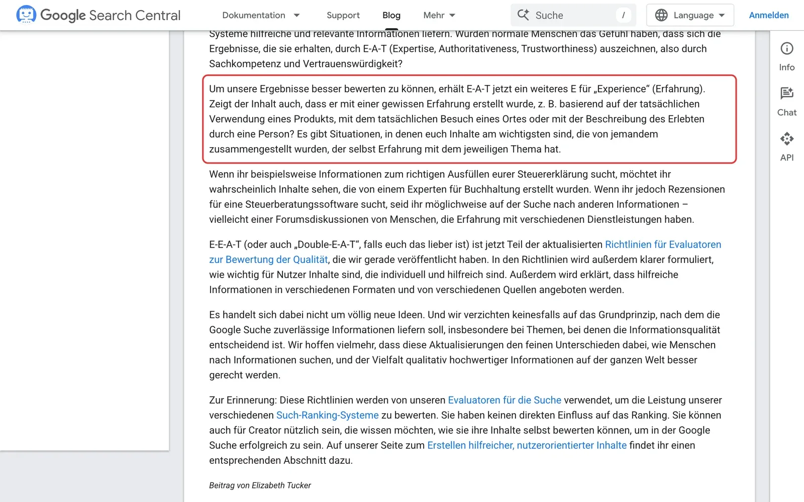 Google Search Central Blog vom 15. Dezember 2022: der Absatz, dass E-A-T ein weiteres E für Experience, also Erfahrung, erhält, ist rot umrahmt
