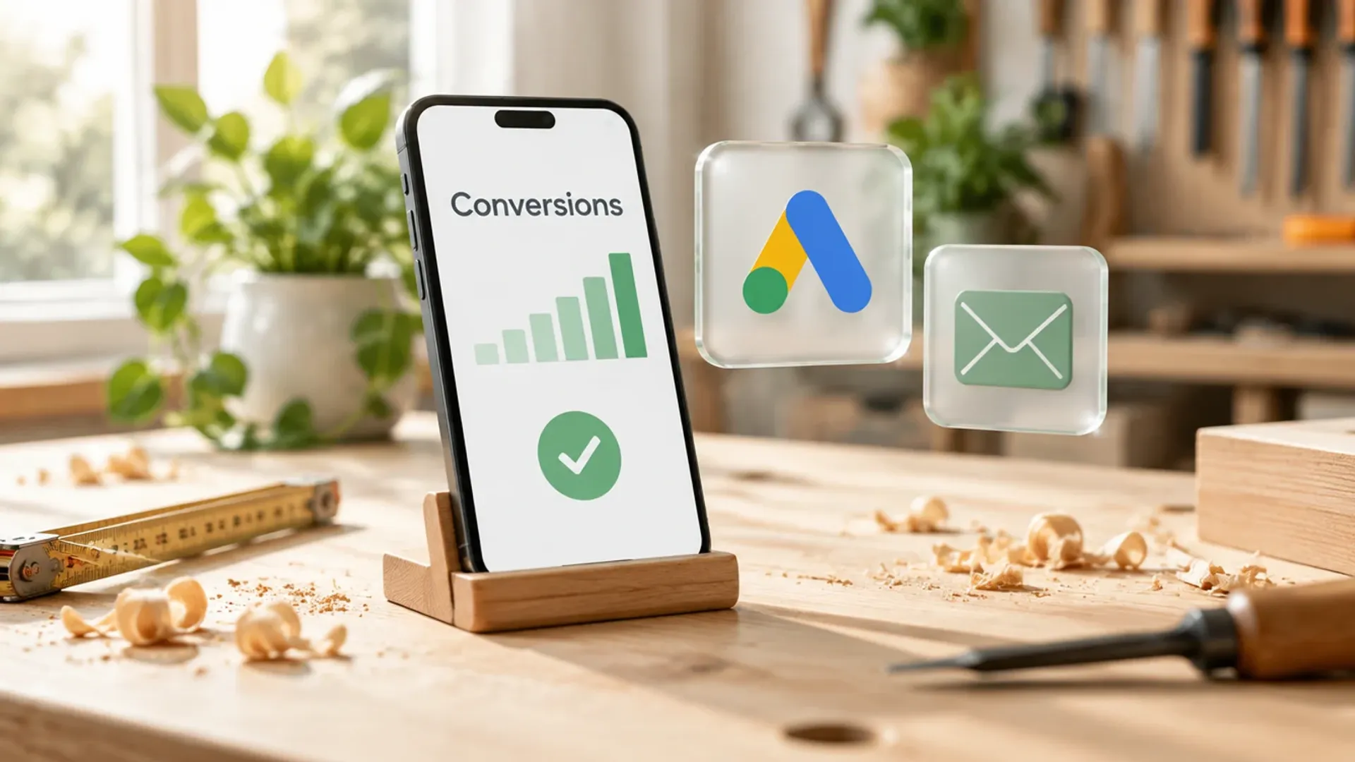 Smartphone auf einer hellen Werkbank mit dem Wort Conversions auf dem Bildschirm, daneben eine Glaskarte mit Google-Ads-Logo und ein grünes Häkchen