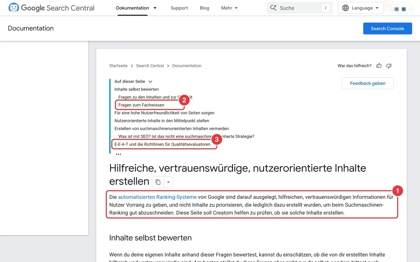 Google-Leitfaden für hilfreiche Inhalte mit markierter Einleitung, dem Abschnitt Fragen zum Fachwissen und E-E-A-T