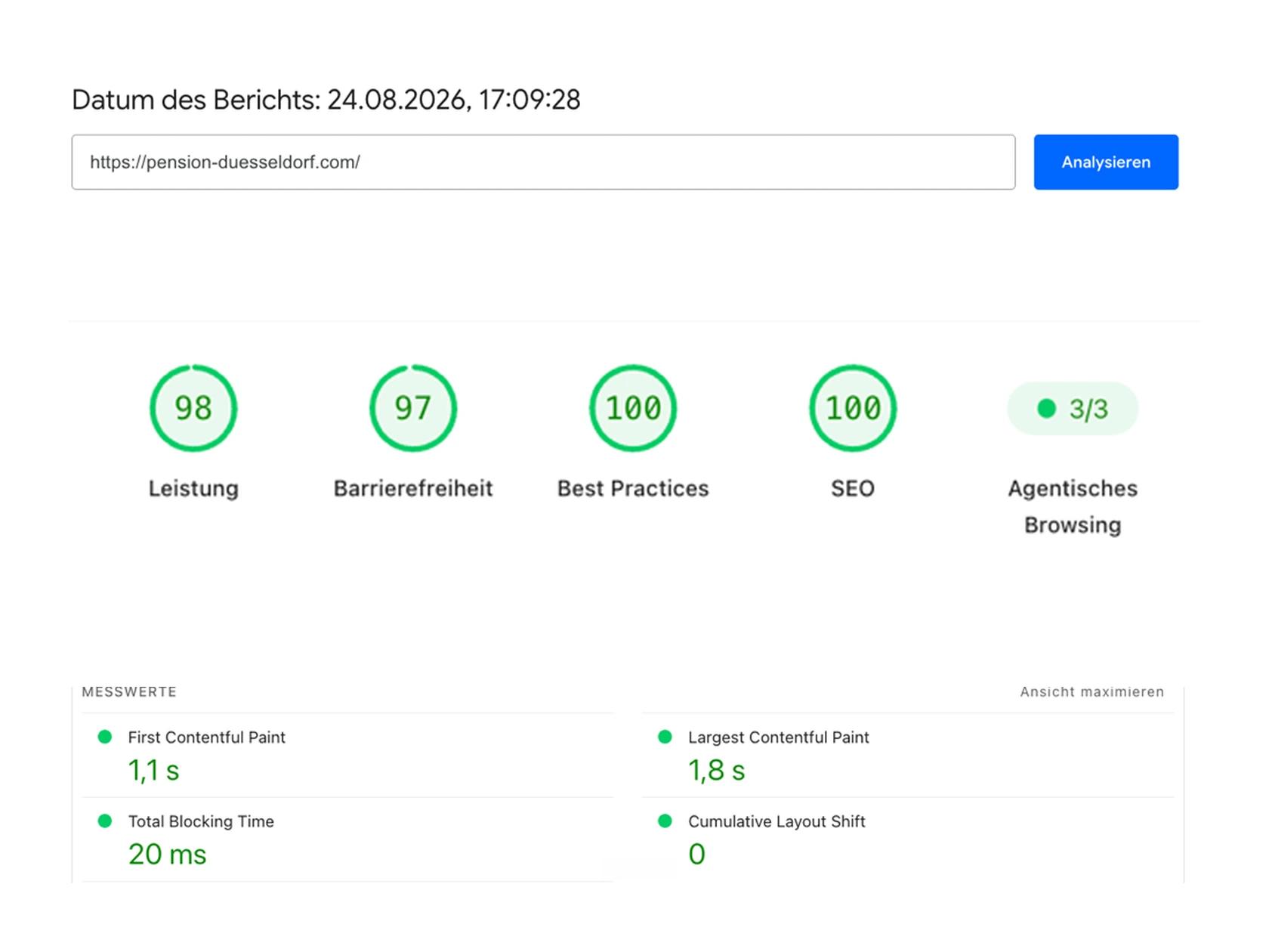 Ergebnis des PageSpeed-Insights-Tests für pension-duesseldorf.com: 98 Punkte Leistung